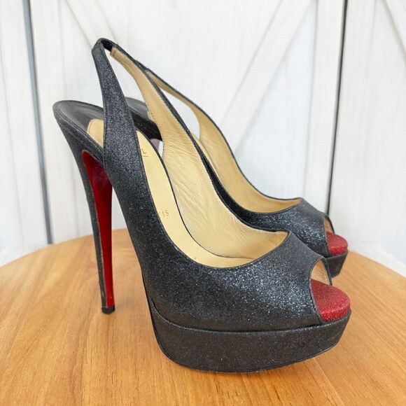 Christian Louboutin Lady Peep Glitter Platform Slingback Pumps Black Red 37.5 - Picture 1 of 16